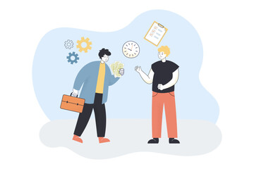 Employer giving money to office worker for job. Employee getting salary flat vector illustration. Finances, career, time management concept for banner, website design or landing web page