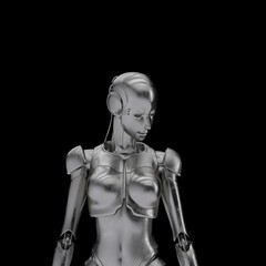 Fototapeta na wymiar female cyborg metallic robot with silver color standing and looking down emotionally and thoughtful - 3d illustration of an artificial intelligence machine with feelings