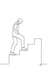 man climbs steep stairs - one line drawing. concept career ladder, path to success