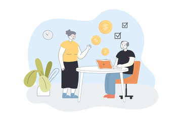 Old couple planning pension together using laptop. Elderly man and woman, gold coins and checkboxes flat vector illustration. Retirement, finances, banking concept for banner or landing web page