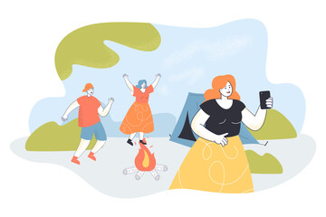 Happy cartoon family having fun around campfire. Woman taking selfie with wife or friend and son flat vector illustration. Camping, outdoor activity, recreation concept for banner or landing web page