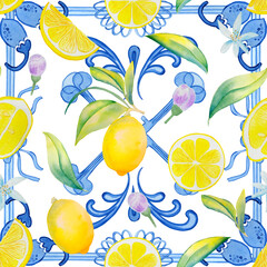 Lemons and majolica seamless pattern. Yellow citrus fruits on a branch and Sicilian ornament endless background. Traditional mediterranean summer print.	