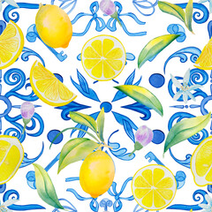 Lemons and majolica seamless pattern. Yellow citrus fruits on a branch and Sicilian ornament endless background. Traditional mediterranean summer print.	