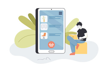 Huge phone with online store and man buying furniture via laptop. Person adding items to virtual basket flat vector illustration. Furniture, shopping, ecommerce concept for banner or landing web page