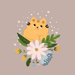Cute funny cat dreams in flowers on a coffee background. Flat cartoon style for baby shower, baby store, books