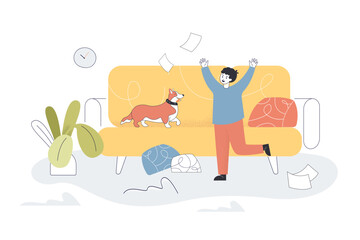 Happy boy running to cuddle dog at home flat vector illustration. Owner taking care of his pet. Love, friendship, animal concept for banner, website design or landing web page