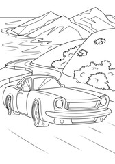 A sports car drives along the road against the backdrop of mountains and the sea. Funny coloring book for boys. Vector illustration