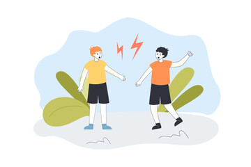 Angry boys fighting and arguing flat vector illustration. Conflict, fight, problem, friendship, relationship, emotion concept for banner, website design or landing web page