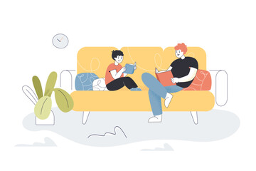 Obraz na płótnie Canvas Father and son reading or doing homework on sofa together. Man and boy spending time together at home flat vector illustration. Parenting, education, family concept for banner or landing web page