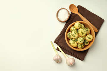Concept of tasty food with boiled young potatoes, space for text