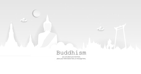 Silhouette big buddha statue black and white banner with copy space vector background - Buddha and temple landmarks Thailand paper art style