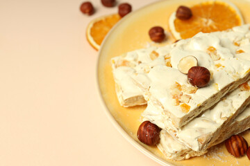 Concept of tasty food with nougat, space for text