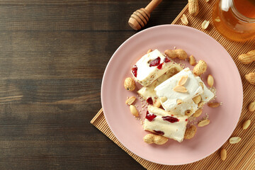 Concept of tasty food with nougat, space for text