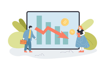 Shocked tiny businessman and woman looking at falling graph. Chart with down arrow, financial loss flat vector illustration. Company failure, bankruptcy or crisis, cryptocurrency concept for banner