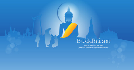 Culture buddha pay alms to monks, Vesak big buddha in shadow at beautiful moonlight blue vector background - Buddhism holidays culture Thailand, banner template design