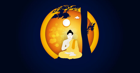 Buddhism buddha sits with circle paper art at bodhi tree vector background - Vesak day holidays culture Thailand, banner template design