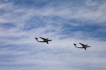 Day of Navy of Russian, naval parade. Naval aviation in sky. Holidays of Russia