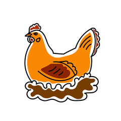 Chicken poultry, domestic birds, art illustration painted isolated on white background. A hen on the nest