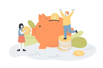 Tiny boy and girl putting gold coins in big piggybank. Children learning about money or financial literacy flat vector illustration. Childhood, finances, savings concept for banner or landing web page