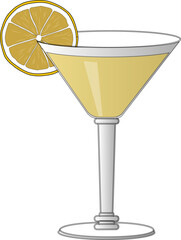 A cute waitress holds a tray with two glasses of white wine in her hand.