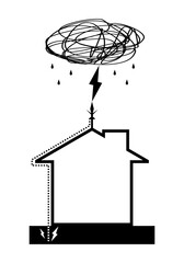 Lightning rod on top roof of building house with thunder cloud rainstorm flat vector black icon design.