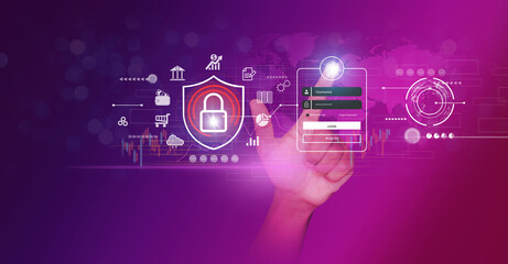 Fototapeta premium Businessman holding shield protect icon. Protection network security computer and safe your data concept, lock symbol, concept about security, cybersecurity and protection against dangers.