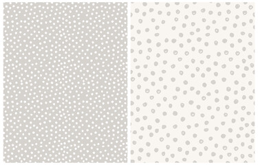 Abstract Hand Drawn Vector Patterns. Gray and White Brush Dots on a Light Gray and Off-White Background. Modern Irregular Geometric Seamless Pattern. Cool Repeatable Dotted Print.Gender Neutral Color.