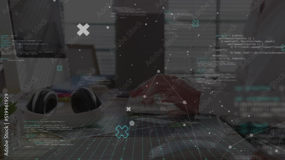 Poster animation of data processing against mid section of businessman using computer at office
