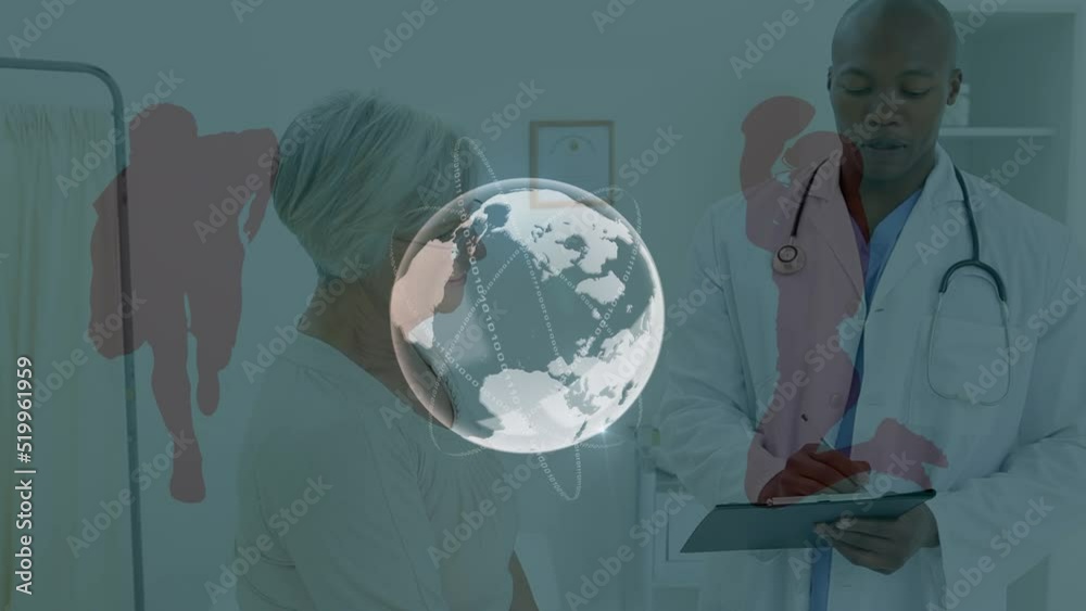 Canvas Prints Animation of globe over african american male doctor discussing with caucasian female patient