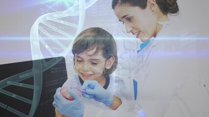 Animation of digital dna helix, brain anatomy, binary codes over dentist with girl cleaning dentures - Powered by Adobe