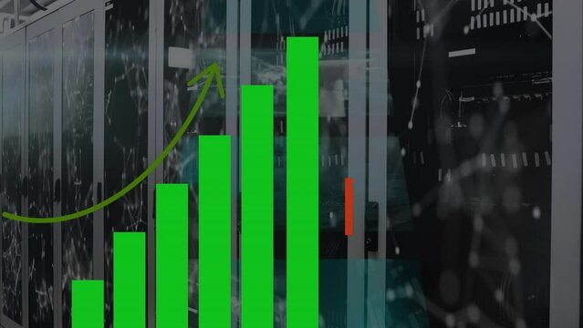 Animation of digital bar and line graphs going up and down over graphical molecules and data