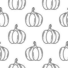 Pumpkins doodle seamless autumn pattern vector illustration. Simple outline fall vegetable background. Black hand drawn sketch pumpkin on white background print