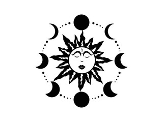 Sun and Moon Circle Icon Vector illustration. Mystical Sun with Face, Celestial, Moon Phase, Boho style, Sunshine Symbol emblem isolated on White Background