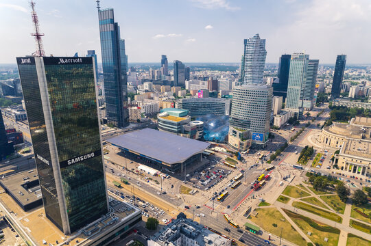 7.22.2022 Warsaw, Poland. Centrum LIM, Varso Tower, Zlota 44. The downtown Warsaw full of modern skyscrapers. Drone shot. Sunny weather. High quality photo