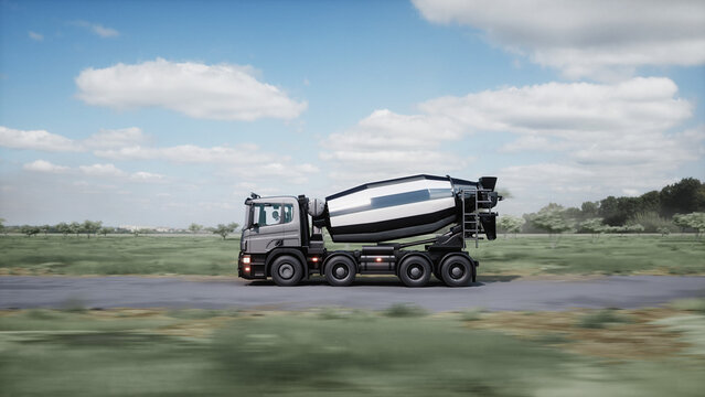 Cement truck very fast driving on highway. Building concept. 3d rendering.