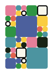 Abstract poster with colorful squares. Vintage design. Round corner geometric shapes.