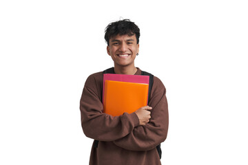 Young peruvian student smiling and holding folders and backpack. Isolated over white background.