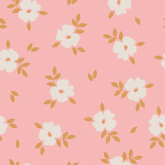 Simple vintage pattern. white  flowers, gold  leaves. pink  background. Fashionable print for textiles and wallpaper.
