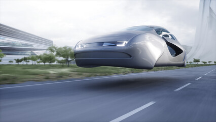 Fototapeta na wymiar Futuristicflying car very fast driving on highway. Futuristic city concept. 3d rendering.
