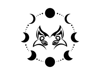 Moon and Wolf Vector illustration. Moon Circle and Magic Symbol. Moon Phase Icon. Mystic art Sign, Moon and Stars emblem isolated on White Background, Howling Wolf Silhouette