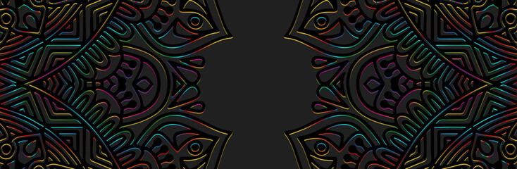 Banner, cover design. Embossed ethnic shiny fantasy 3d pattern on black background, vintage geometric art deco style. Tribal ornaments, textures for websites, presentations. Place for text.