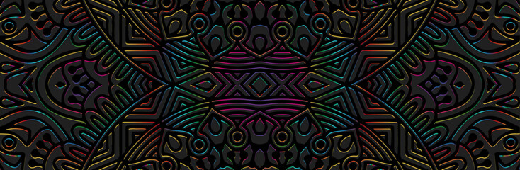 Banner, cover design. Embossed ethnic shiny fantasy 3d pattern on black background, vintage geometric art deco style. Tribal ornaments, textures for websites, presentations.