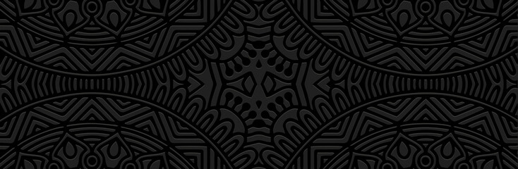 Banner, cover design. Embossed exotic ethnic fantasy 3d pattern on black background, vintage geometric art deco style. Tribal ornaments, textures for websites, presentations.