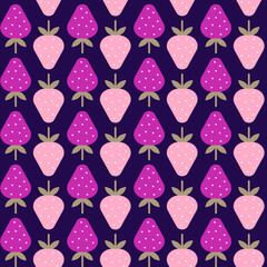 Strawberry seamless geometric vector pattern. Pink and purple berries on blue background for backdrop, textile, wrapping paper