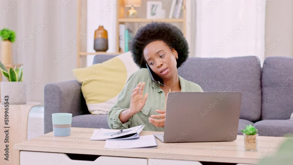 Poster business woman and professional entrepreneur talking on phone while remote working on laptop at home