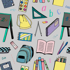 Vector school icons seamless pattern. Back to school, education, study. Doodle