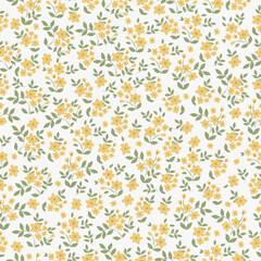 Simple vintage pattern. small yellow flowers, green leaves. white  background. Fashionable print for textiles and wallpaper.