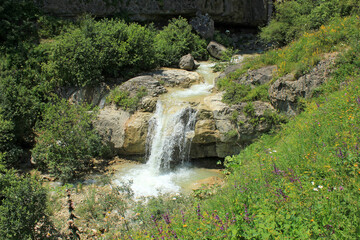 Beautiful waterfall in the mountains. Kusar district. Azerbaijan.