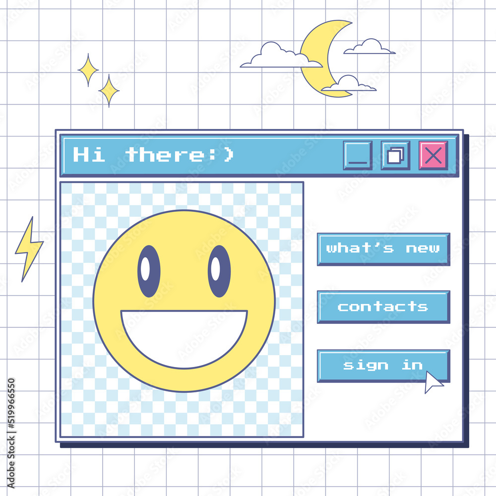 Fototapete welcome window with a smile and buttons. aesthetics of the user interface of an old computer. templa