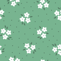 Simple vintage pattern. white  flowers, green leaves and dots. light green background. Fashionable print for textiles and wallpaper.